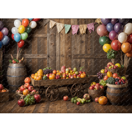 A Rustic Wooden Cart Filled With Various Colorful Fruits And Vegetable