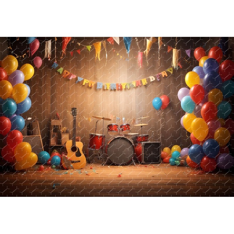 A Colorful Birthday Party Scene With Guitar drums Music Party Setup