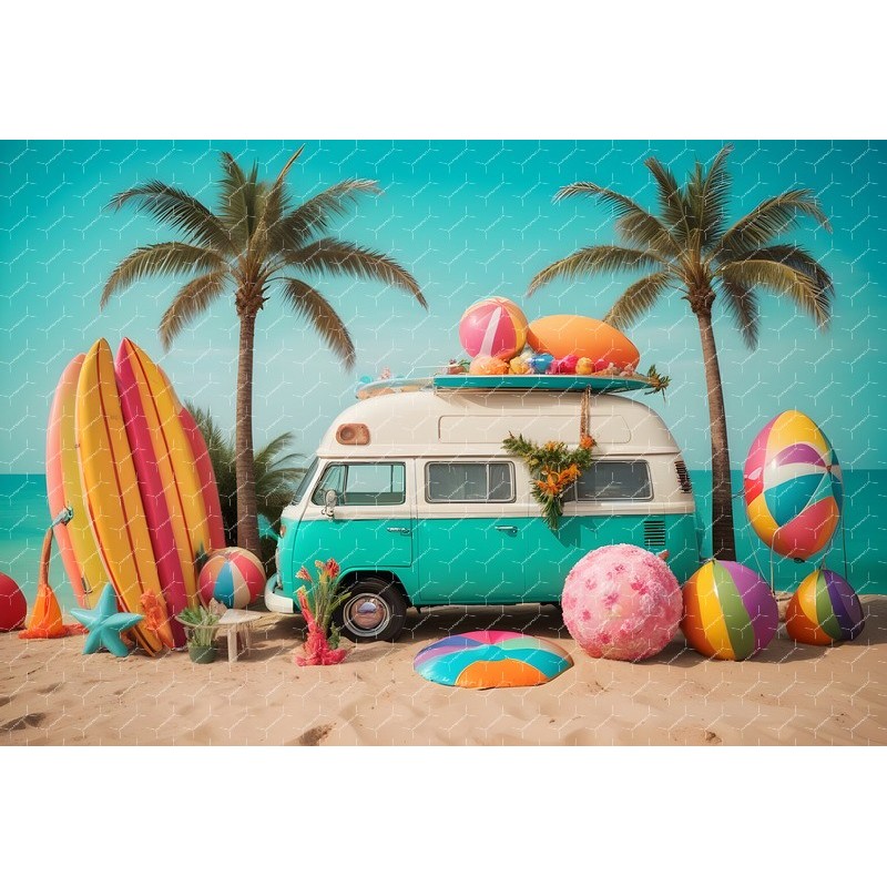 Green Vintage Camper Van Parked On A Sandy Beach