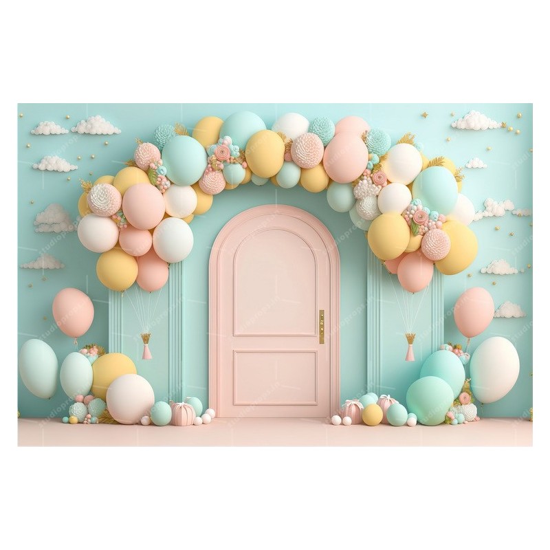 A pastel-colored balloon arch with a pink arched door in the center