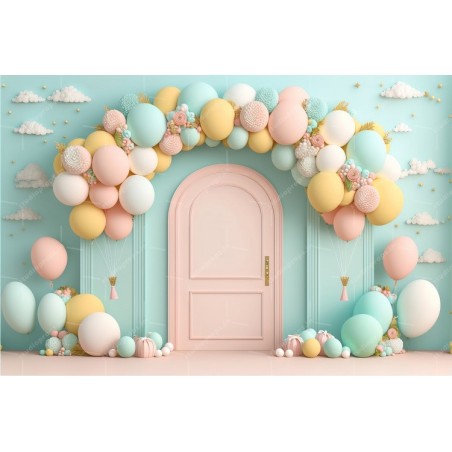 A pastel-colored balloon arch with a pink arched door in the center