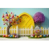 A Colorful Spring Scene With A Yellow Cottage White Picket Fence Bloom