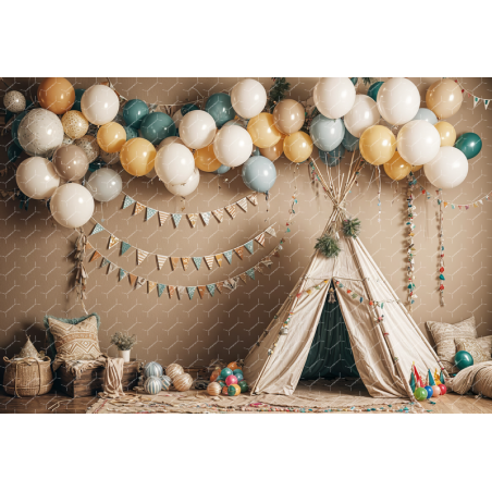 A Cozy Teepee Tent Set up Indoors With Colorful Balloons And Garlands