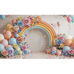 A Colorful Floral Arch With A Rainbow Backdrop , Surrounded By Various