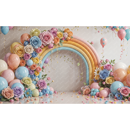 A Colorful Floral Arch With A Rainbow Backdrop , Surrounded By Various